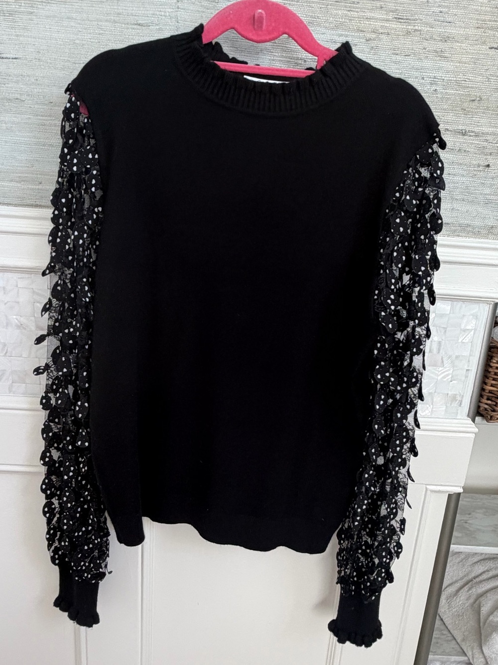 Large Sioni Sweater sheer Leaf Embellished Sleeves ruffle neck black white
